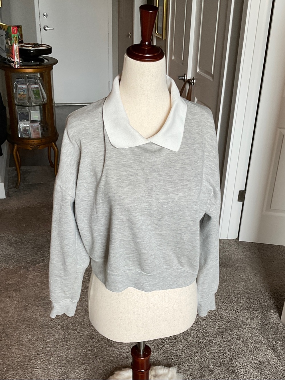 Pink Rose Light Gray Sweater with White Neckband